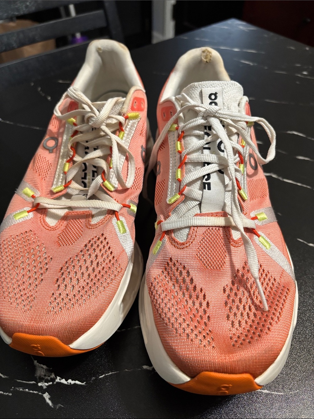 On Running Coral and White Women's Athletic Running Shoes without insoles
